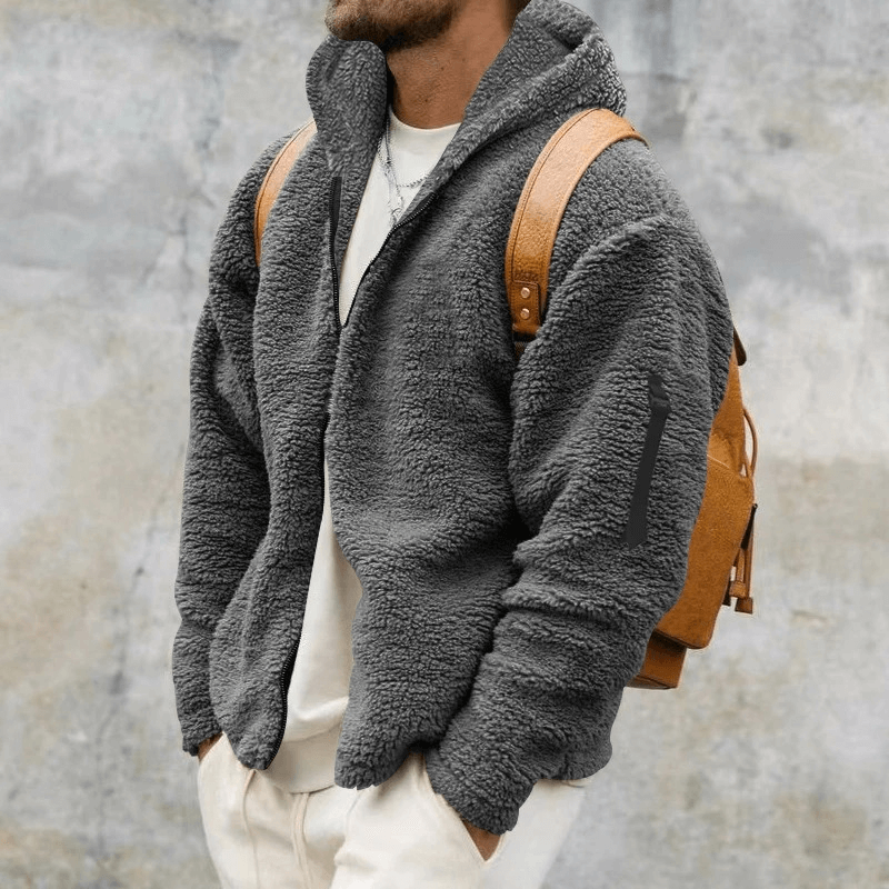 Casual grey fleece zip-up hooded jacket for men, perfect for warm and stylish outdoor activities, cotton/polyester blend.
